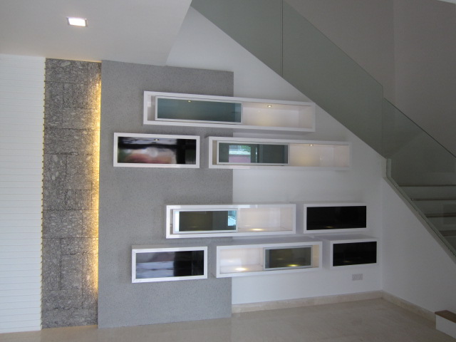 3D feature wall with lighting and display shelves