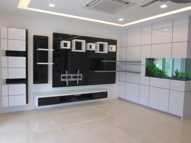 Classy TV cabinets with high gloss and feature wall with aquarium